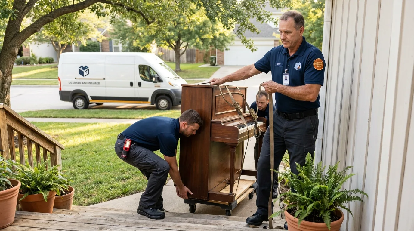 Licensed piano movers securing grand piano in Steele, MO