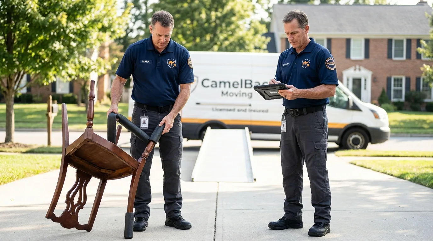 Movers inspecting furniture for damage prevention before loading in Steele, MO