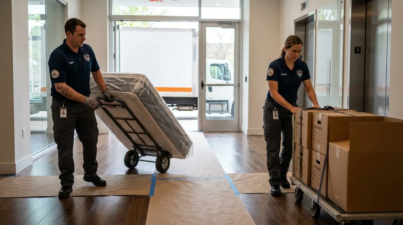 Professional apartment movers loading elevator in Steele, MO