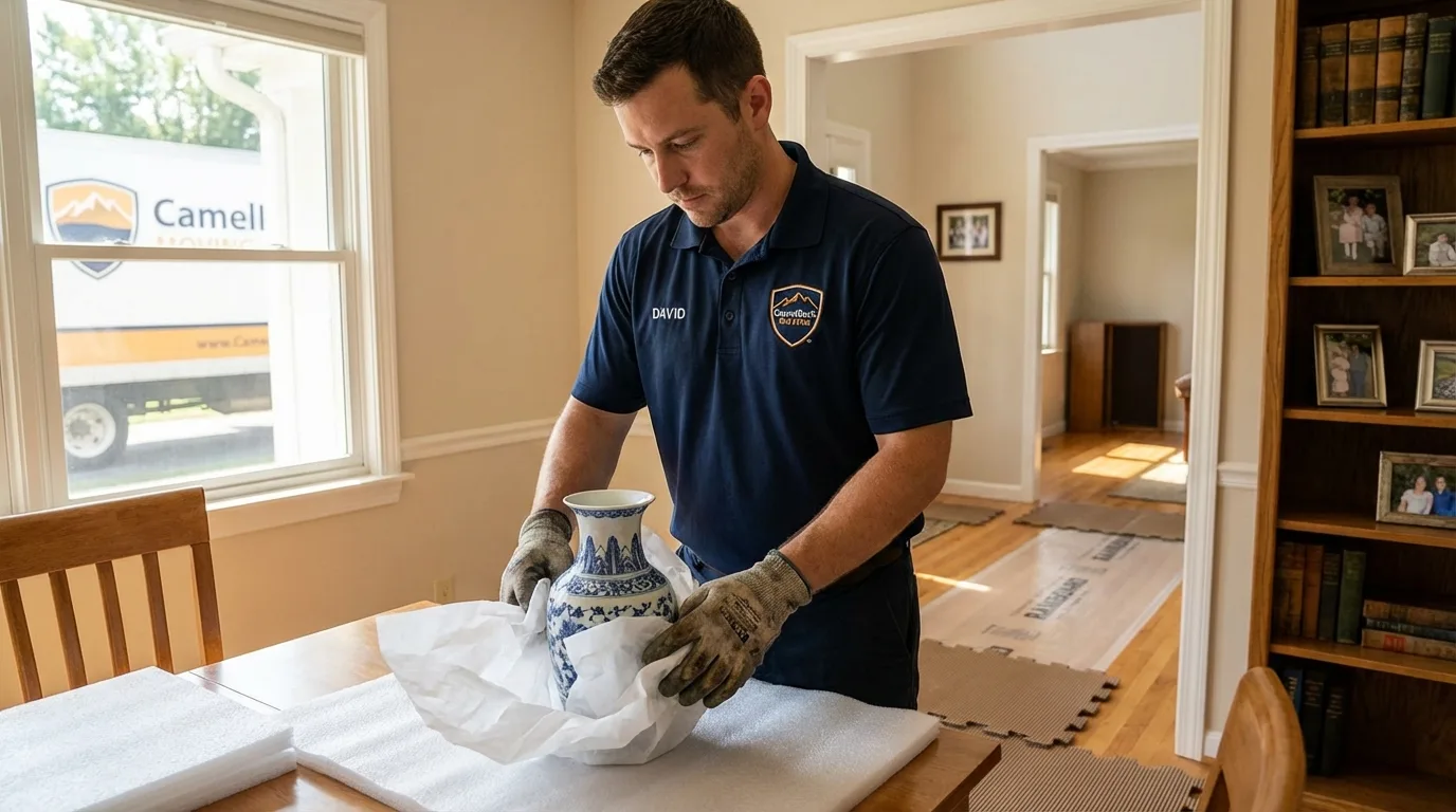 Professional crew carefully wrapping antique vase for senior downsizing move in Steele, MO